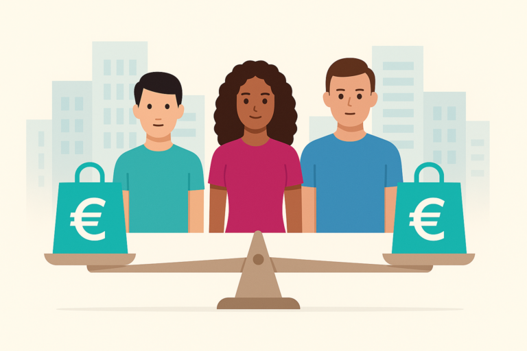 “Illustratie van drie gestileerde karakters die gelijke beloning en transparantie symboliseren, met elk een tas met euroteken, als visualisatie van PayProof en loontransparantie in de flexsector.”