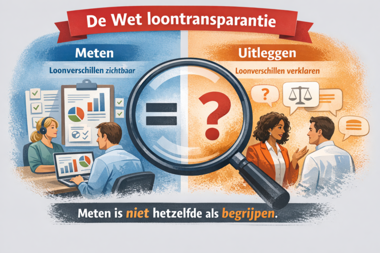 Illustratie over de Wet loontransparantie met het verschil tussen loonverschillen meten en loonverschillen uitleggen.