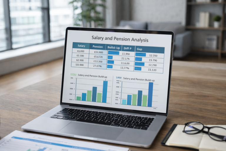 Pensioen en loontransparantie op laptop in moderne kantooromgeving